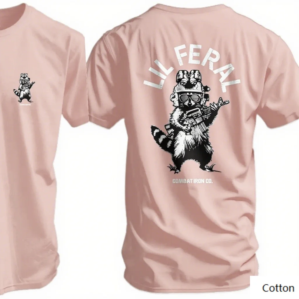 تي شيرت قطني برقبة دائرية "فنان الراكون الحديدي الإبداعي" يعزز تصور المعدات العسكرية الراكون والنص "LIL FERAL"