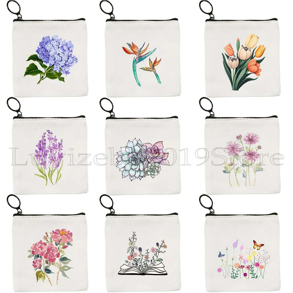 

Hydrangea Lavender Lilac Dahlias Marigold Pansy Cosmos Daisies Tulip Poppy Flower Bouquet Canvas Coin Purse Key Bag Wallet Pouch