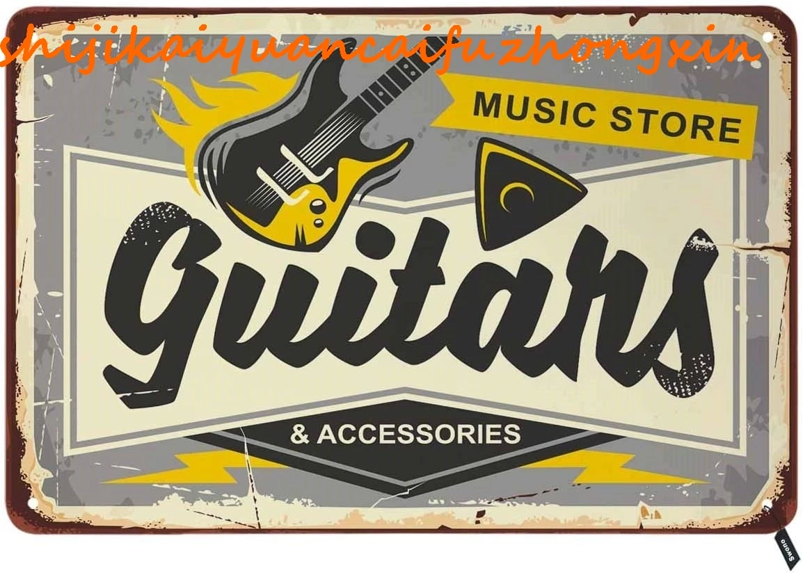 Swono Guitars Shop Tin Signs,Music Store Here on Gray Background Vintage Metal Tin Sign for Men Women,Wall Decor for Bars,Restau