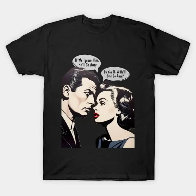 Pop-Art-Paar „Do You Think He'll Ever Go Away“ auf einem T-Shirt mit dunklem, ausgeklügeltem Hintergrund