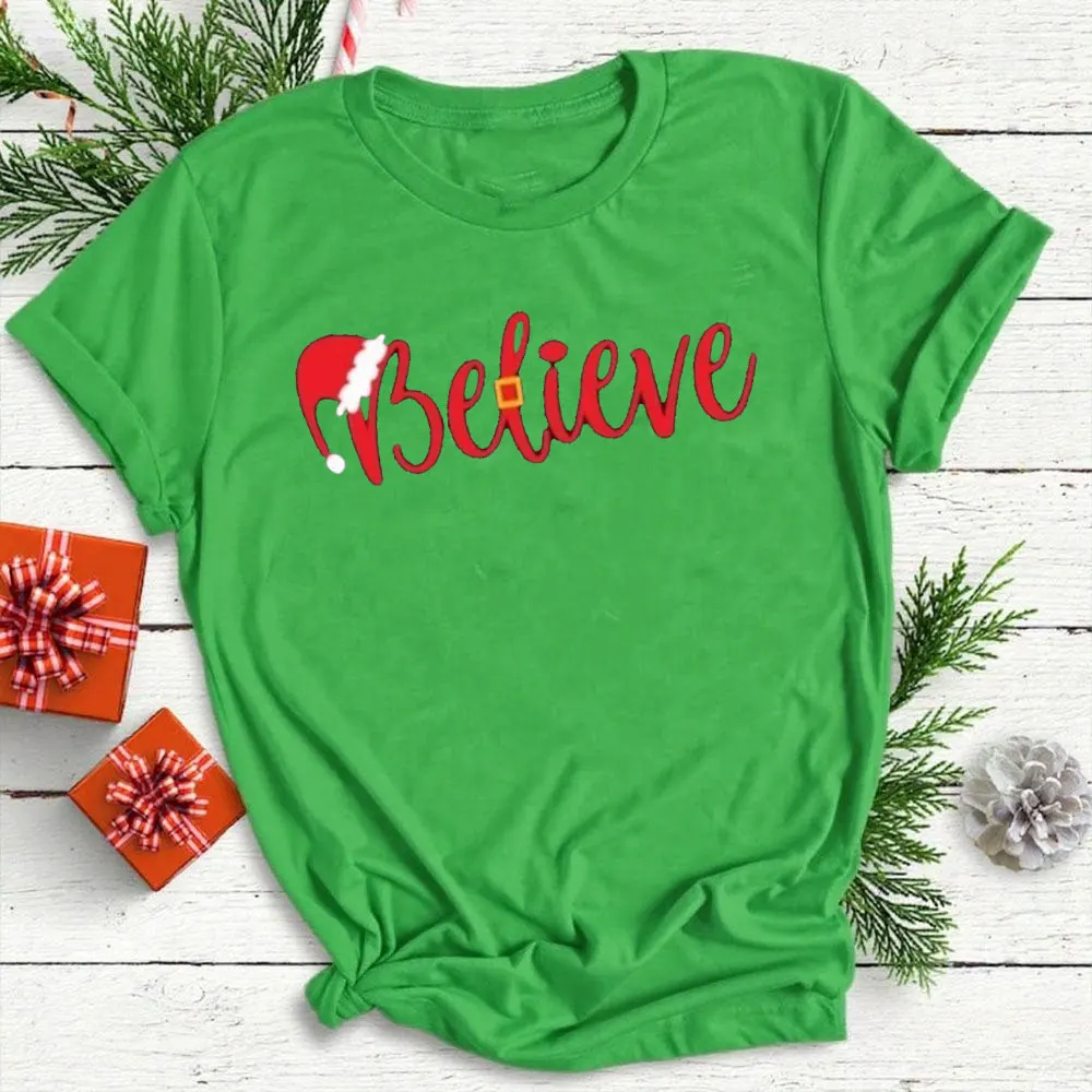 크리스마스 믿으세요 셔츠 크리스마스 믿으세요 셔츠 크리스마스 파티 셔츠 캐주얼 창의력 반팔 코튼 유니섹스 스트리트웨어