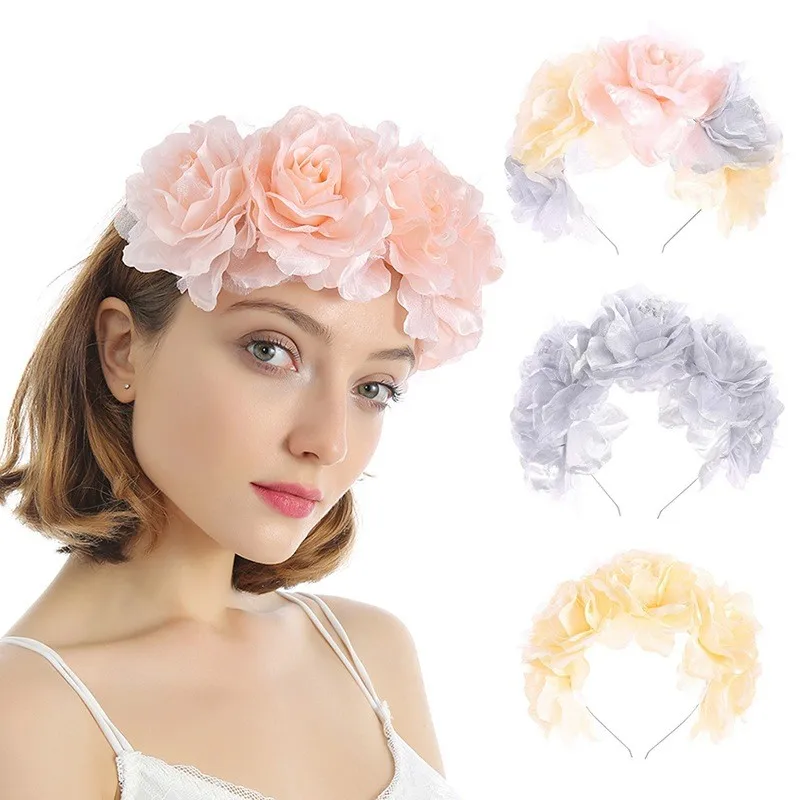 

Flower Shape Crowns for Women Wedding Fashionable Handmade Thin Hair Hoops with Adjustable Ribbon Hair Accessories