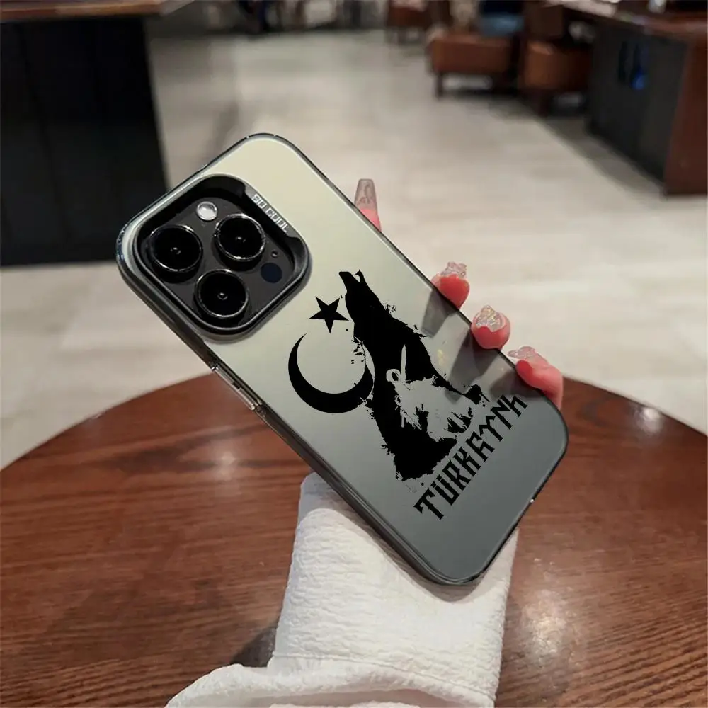 

Turk Wolf Turkey Flag Phone Case For iPhone11 12 13 14 15 16 17Pro Max Air Plus Mini Light luxury high-end colorful silver cases