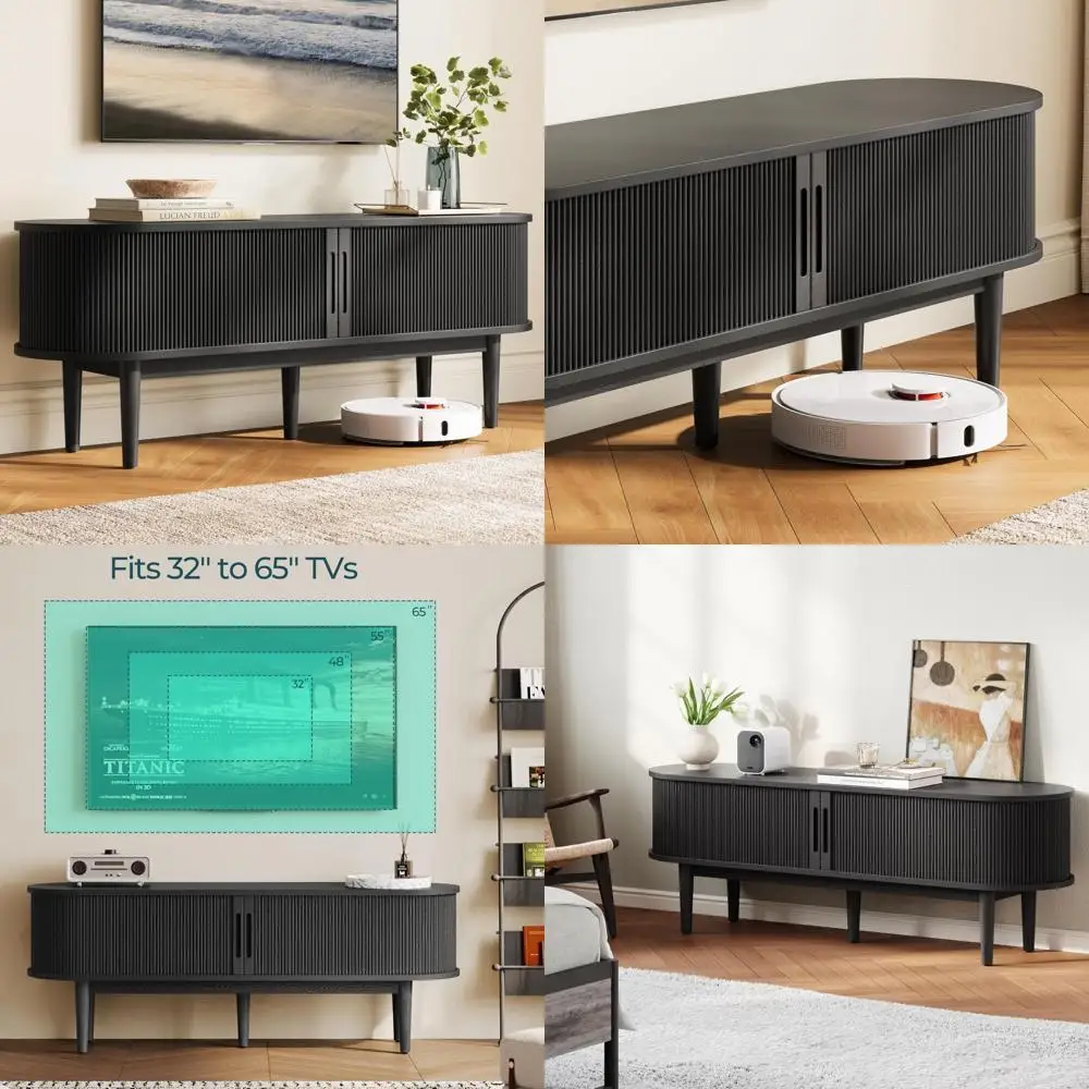 Mueble para TV moderno de mediados de siglo 65 con puerta corredera y almacenamiento - Centro de entretenimiento de madera estriada para sala de estar