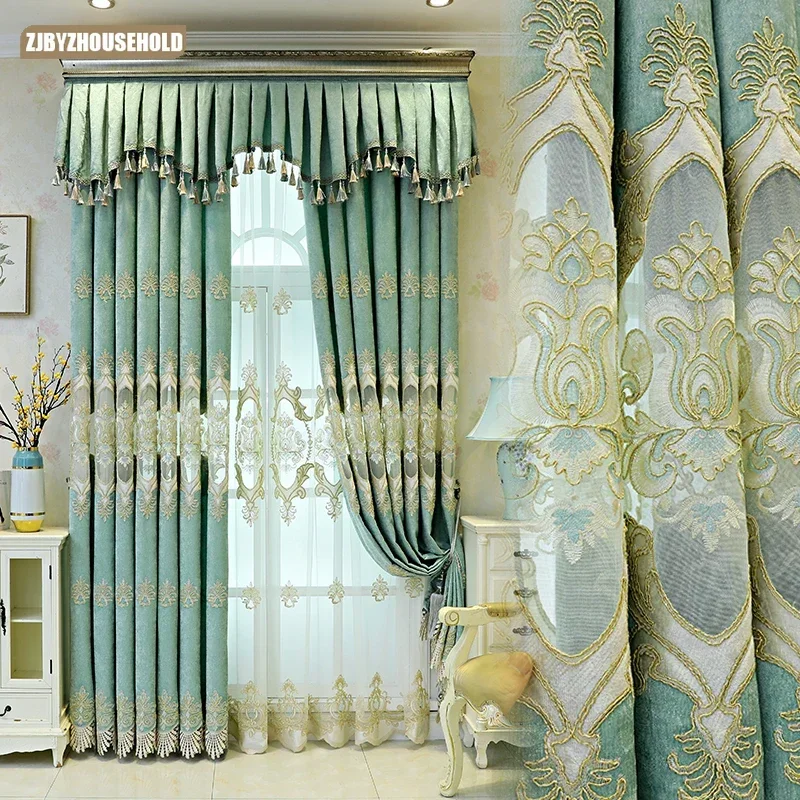 

Luxury European Style Curtains for Living Dining Room Bedroom Balcony Floor Window High-grade Chenille Embroidery Green New