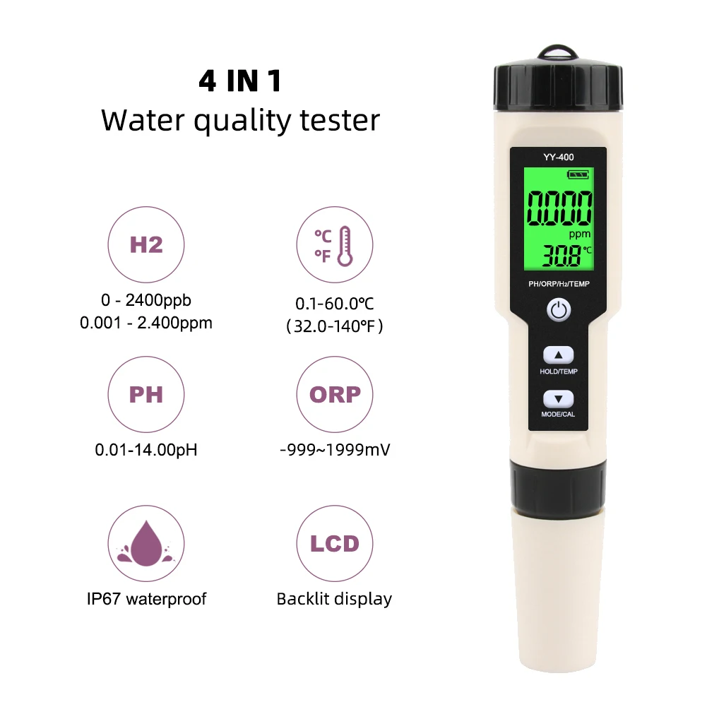A39U 4 in 1 YY-400 PH/ORP/H2&TEM Meter Digital Hydrogen Ion Concentration Tester for Aquarium, Swimming Pool, Backlight