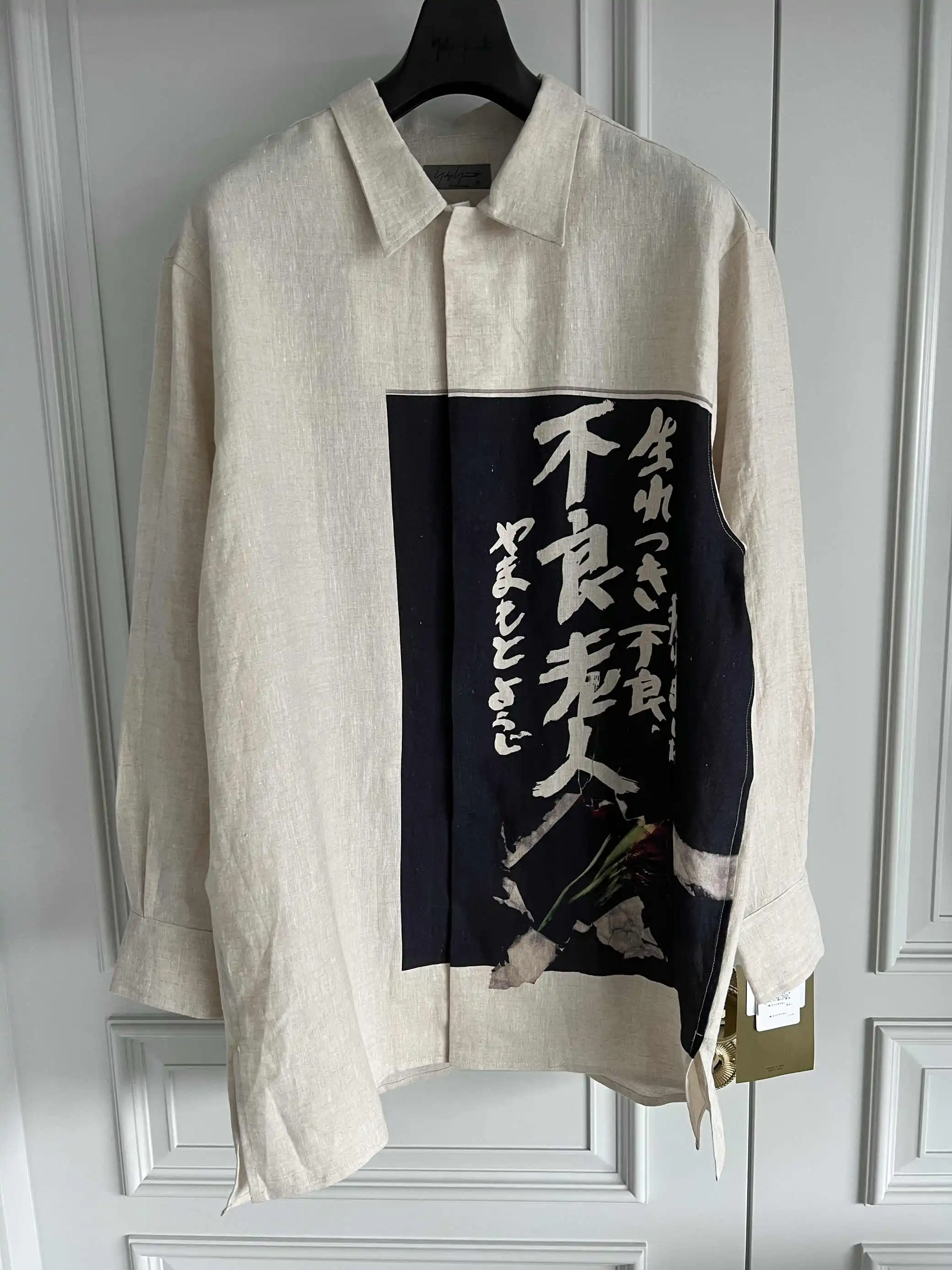 TOP-YAMAMOTO original design, French linen, bad old man printed linen shirt, light-colored gentleman