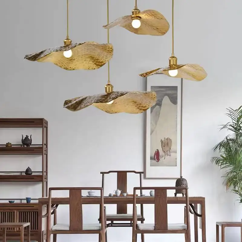 New Chinese Light Luxury LED Pendant Lights Golden Lotus Leaf Hat Art Creative Lamps for Living Room Home Decoration Chandeliers