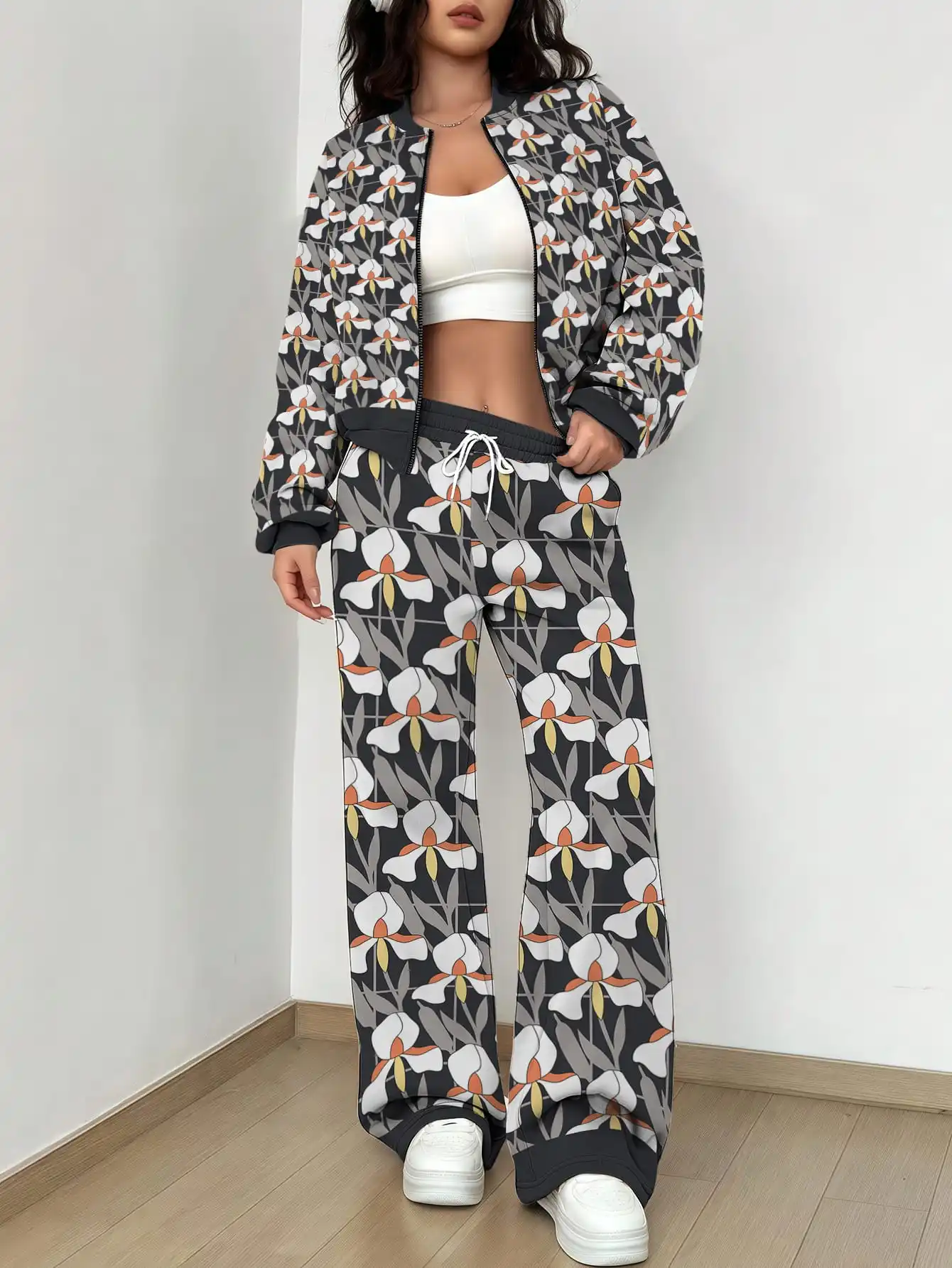 

Весенне-осенний новый женский универсальный многополевой и цветочный пальто с длинными рукавами, длинные брюки, бейсбольный комплект