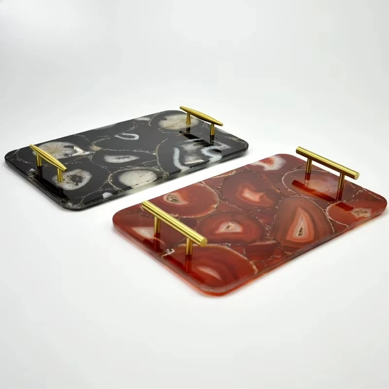 Luxury home decoration rectangular gold handle red agate stone decorative tray