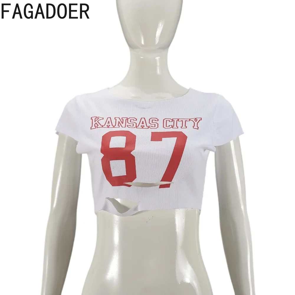 FAGADOER White Y2K Hole Fashion Crop Tops Women Letter Print Round Neck Short Sleeve Slim Tshirts Female Hollow Trend Streetwear