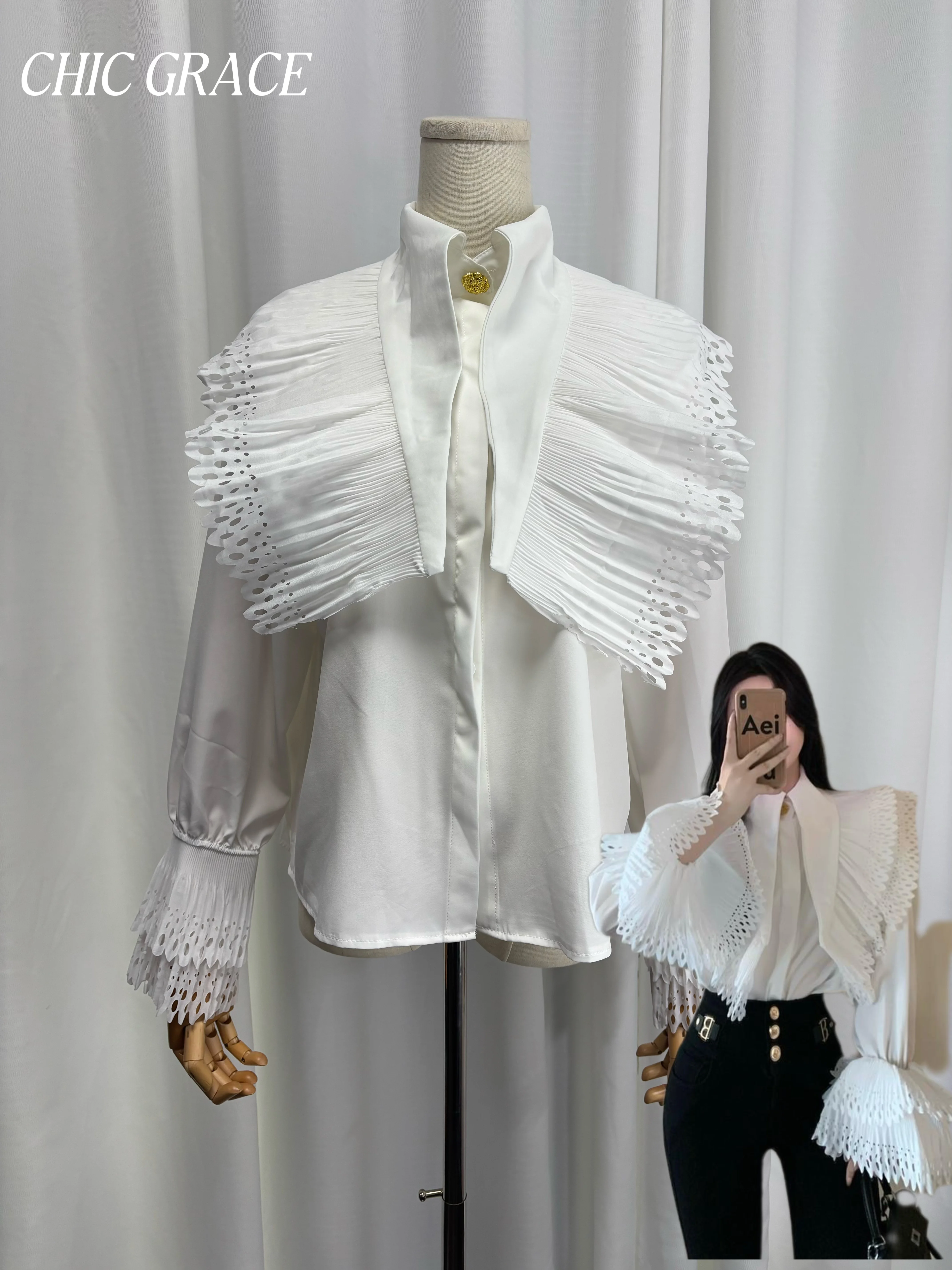 

Real Shot French Style Elegant Lace Ruffle Blouse Women Hollow Out Flare Sleeve Stand Collar Vintage Office Lady Casual Loose Fi