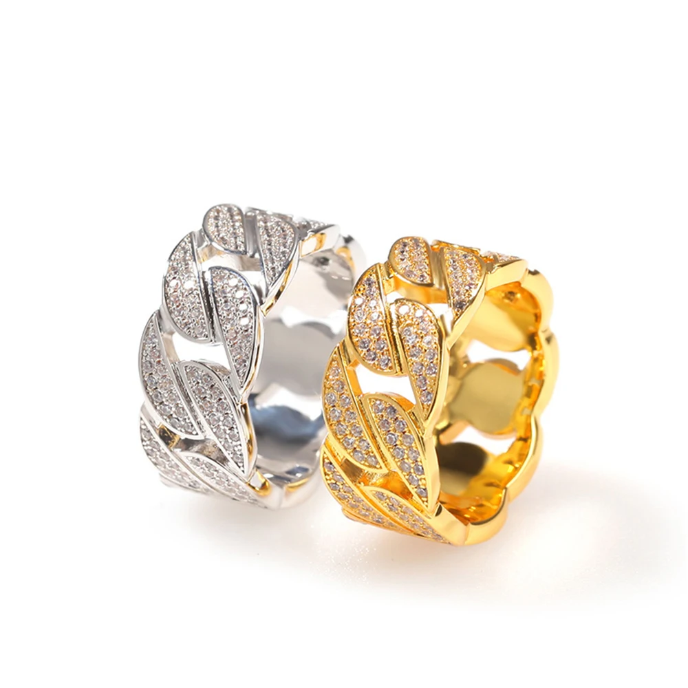 

Modischer Herrenring – 10mm Cuban Link Gelbgold Verlobung/Party Ring mit CZ Steinen