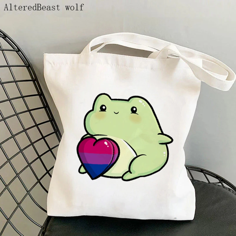 

Women Shopper bag frog bisexual heart flag Kawaii Bag Harajuku Shopping Canvas Shopper Bag girl handbag Shoulder Lady Bag