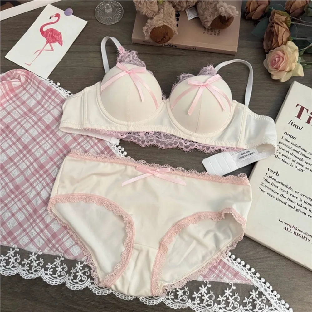 Women Japanese Sweet Bow Lace Bra Set Wireless Push Up Small Bust Lingerie Side Collection Underarm Fat Comfort Underwear 32-38