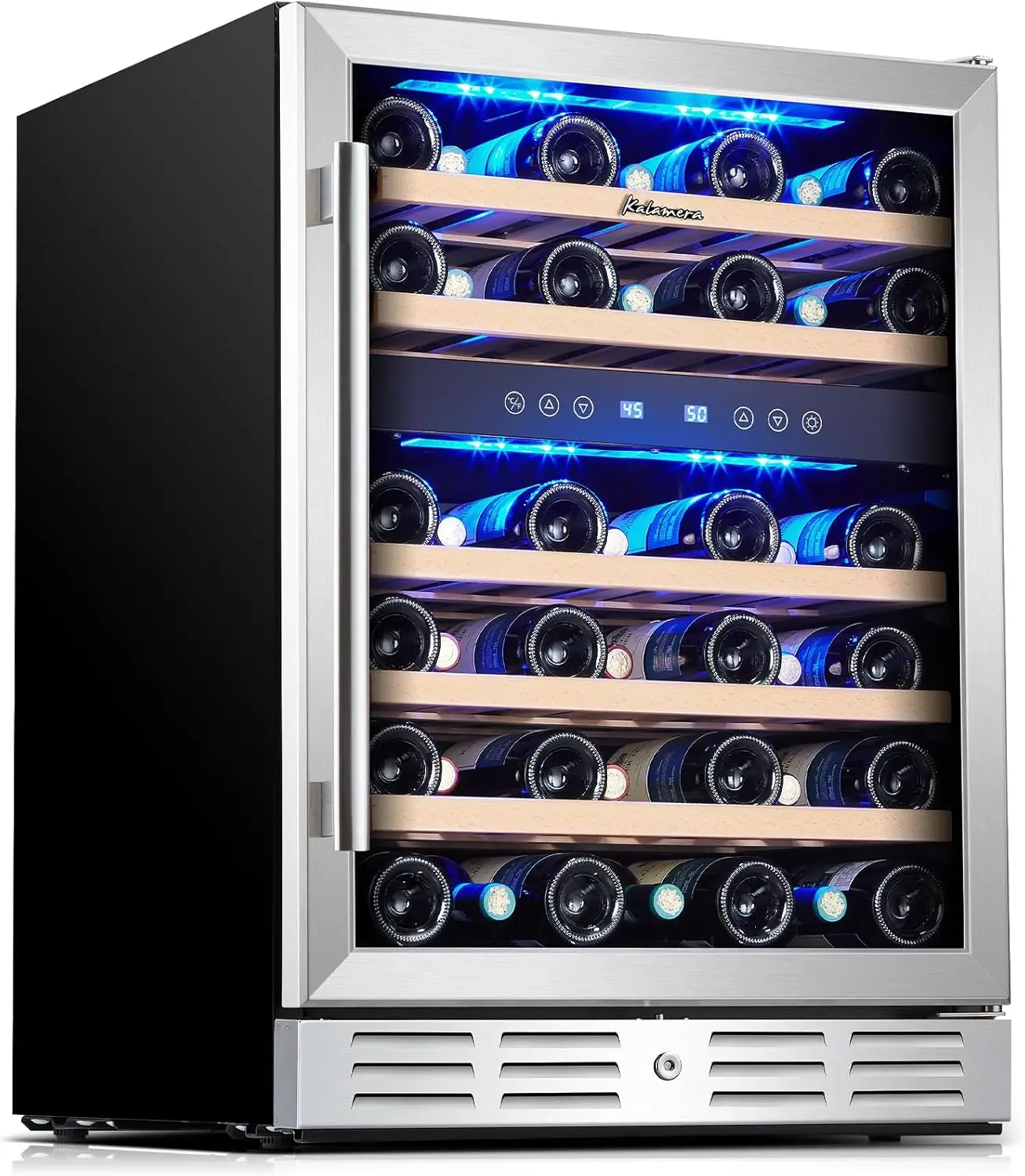 24 inch Wine Cooler, 46 Bottle - Dual Zone Built-in or Freestanding Fridge with Stainless Steel Reversible