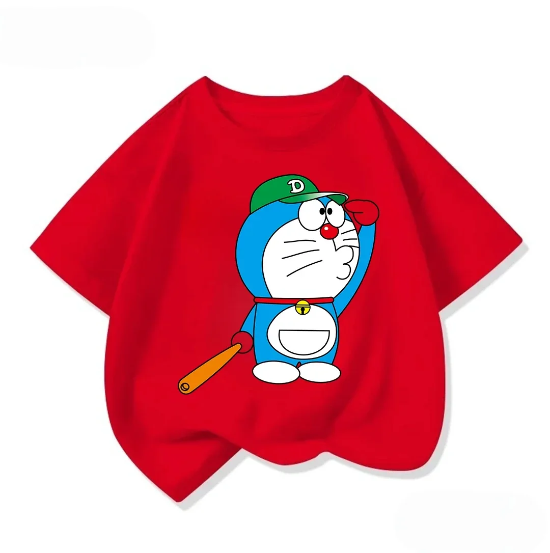 Kawaii Children Short Sleeve Tee Lovely Doraemon Print Soft Crew Neck Casual Daily Summer Outfit For Kids 3 To 14