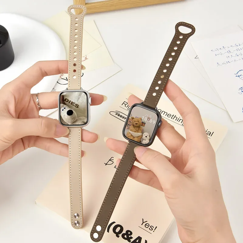 Тонкий кожаный ремешок для Apple Watch Band 44 мм 45 46 38 40 41 42 49 мм Женский браслет correa iWatch Series 10 9 8 7 se 6 5 4 Ultra2