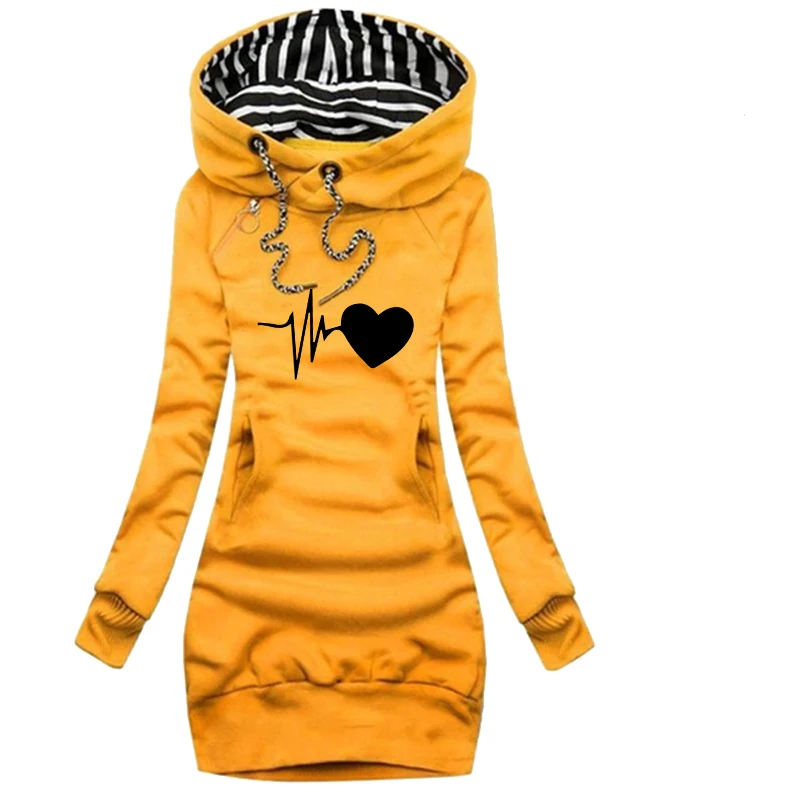 New electrocardiogram Printed Women Autumn Winter Solid Color Long Sleeve Casual Hoodies Dress Sweater Dress S-3XL