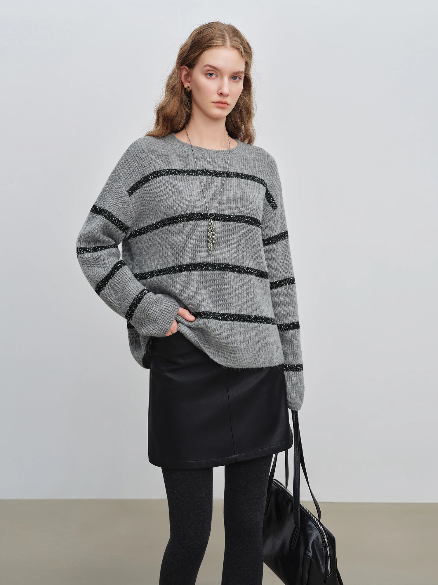 ZIQIAO 2025 Autumn Winter Women's Grey Color Block Striped Knit Sweater - Relaxed Fit Long Sleeve Top for Casual Loungewear
