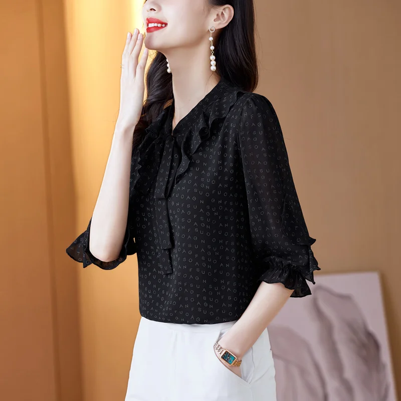 #2516 Summer Black Chiffon Blouse Women Bow V-neck Ruffles Half Sleeve Full Letters Blouse Femme Loose Womens Tops And Blouses