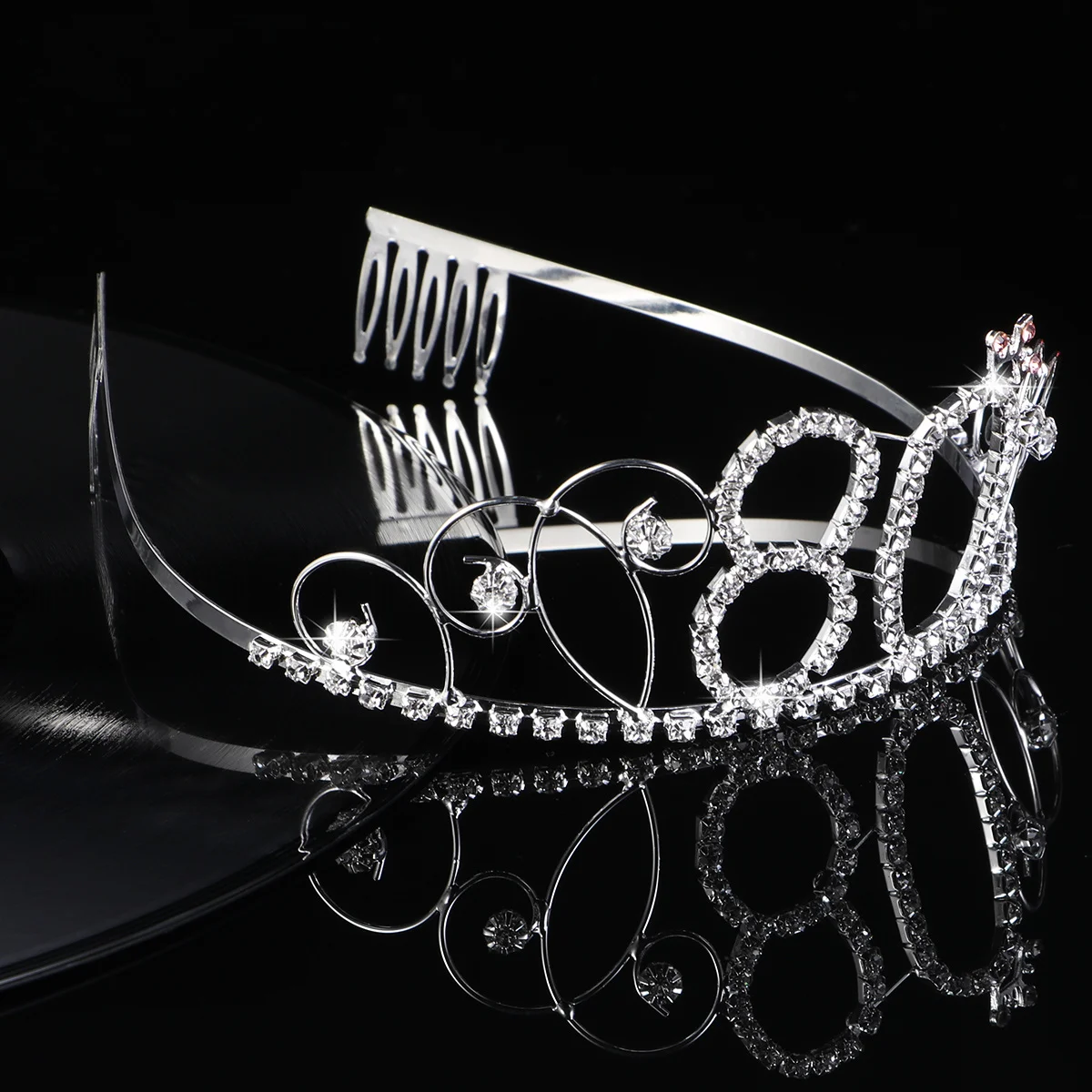 1 قطعة 80th عيد ميلاد تيارا كريستال حجر الراين سبائك الفضة تألق تاج مع أمشاط الشعر لأمي الجدة 80 حفلة عيد ميلاد