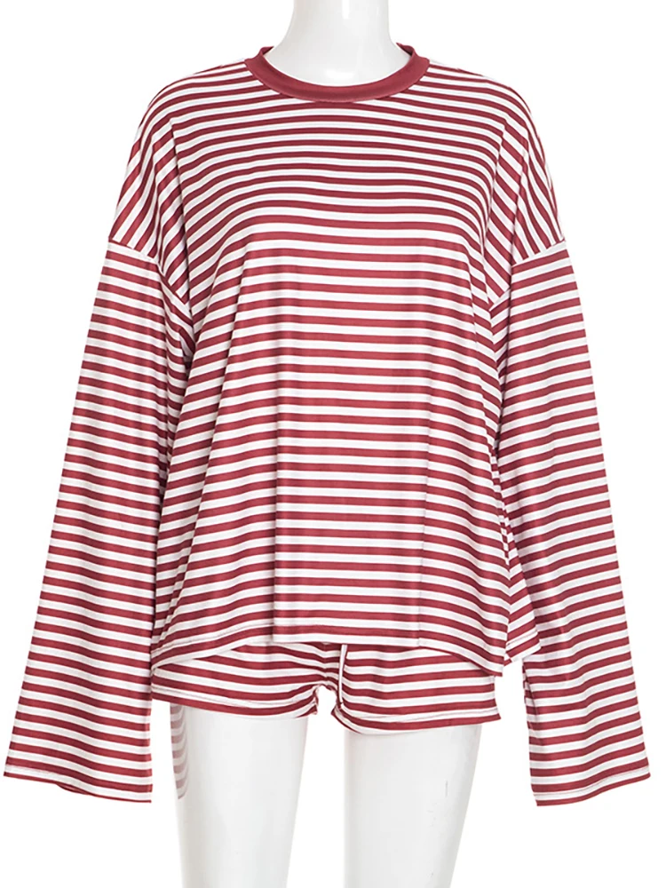 Fantoye طباعة مخطط الجولة الرقبة 2 قطعة مجموعات النساء بدل رجالي أحمر كم طويل تي شيرت قصير بانت الخريف فضفاض ملابس الشارع الشهير غير رسمية