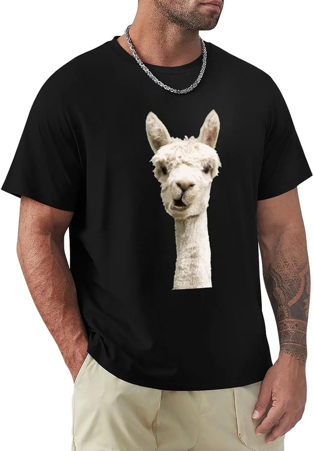 Mens Graphic T-Shirts Funny White Alpaca Print Comfort Cotton T Shirts Fashion Men's Short Sleeve Shirts