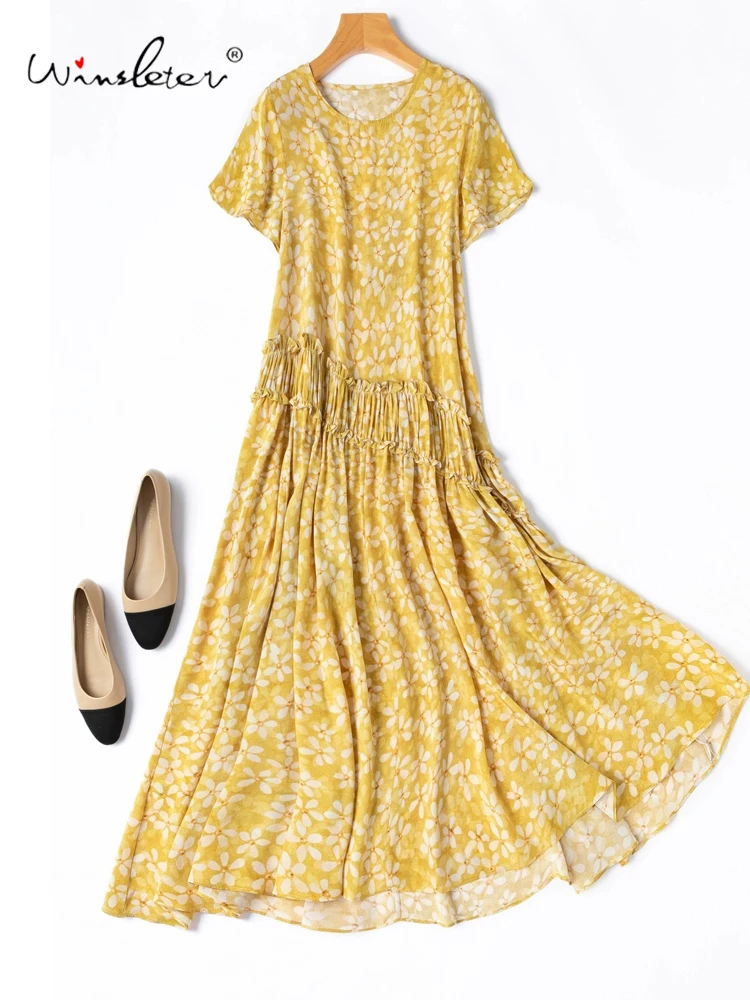 

Winsleter-Women 100%Real Silk Elegant Dress, Flying Sleeve O Neck Print, French Vacation Loose Dresses, 2025 Summer New D55835CC