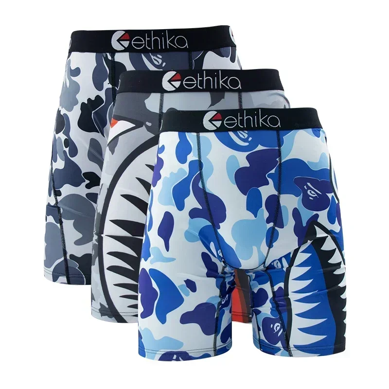 3Pcs ETHIKA Sexy Men Underwear Boxers Fashion Shark Print Underpants Breathable Panties Lingerie Plus Size Boxer Briefs Trunks