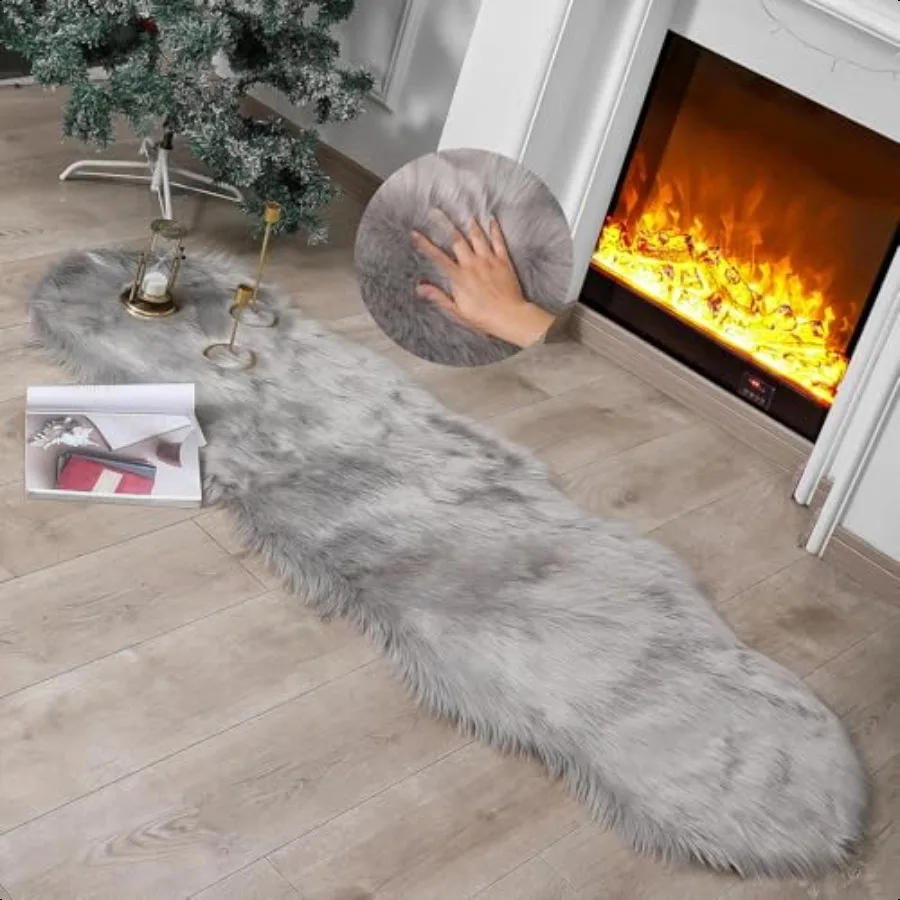 

Faux Fur Rug Sheepskin Shag Fluffy Fuzzy Grey 2x6 ft Runner Rugs for Bedroom Bedside Bed Floor Living Room Plush HighDensity Cu