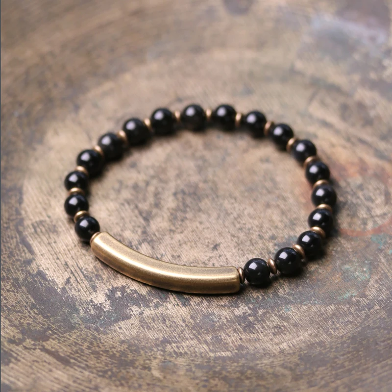 Red Stone Copper Simple One Row Jewelry  African Green Beaded Handcrafted Couple Bracelets For Women Black Obsidian Healing
