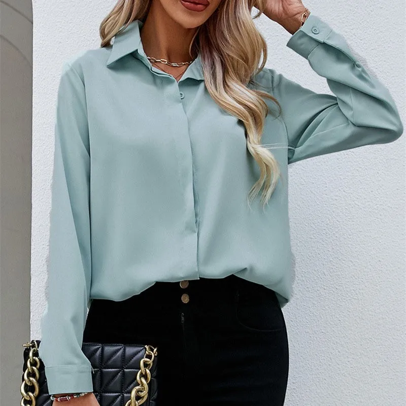 Dames Blouses 2024 Nieuwe Effen Kleur Casual Losse Lange Mouwen Shirt Dames Turn Down Kraag Donkere Knoop Chiffon Shirt 긴y 2K