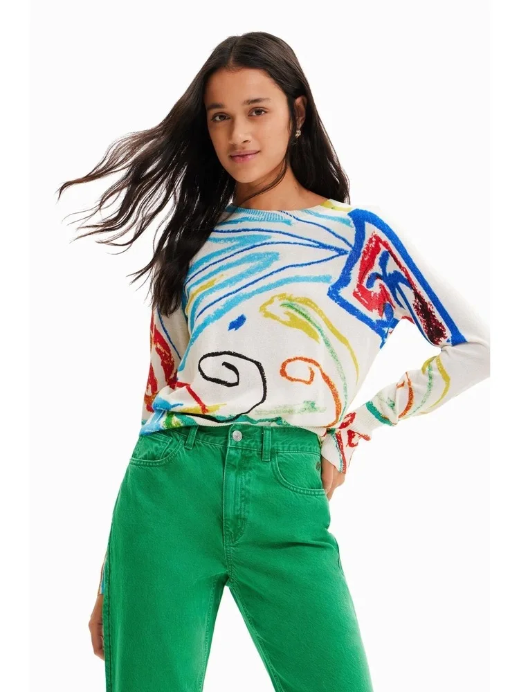 

Foreign Trade Spain Original Single Women's Knitted Shirt Round Neck Long Sleeve Lightweight Embroidered Printed Bohemian Style