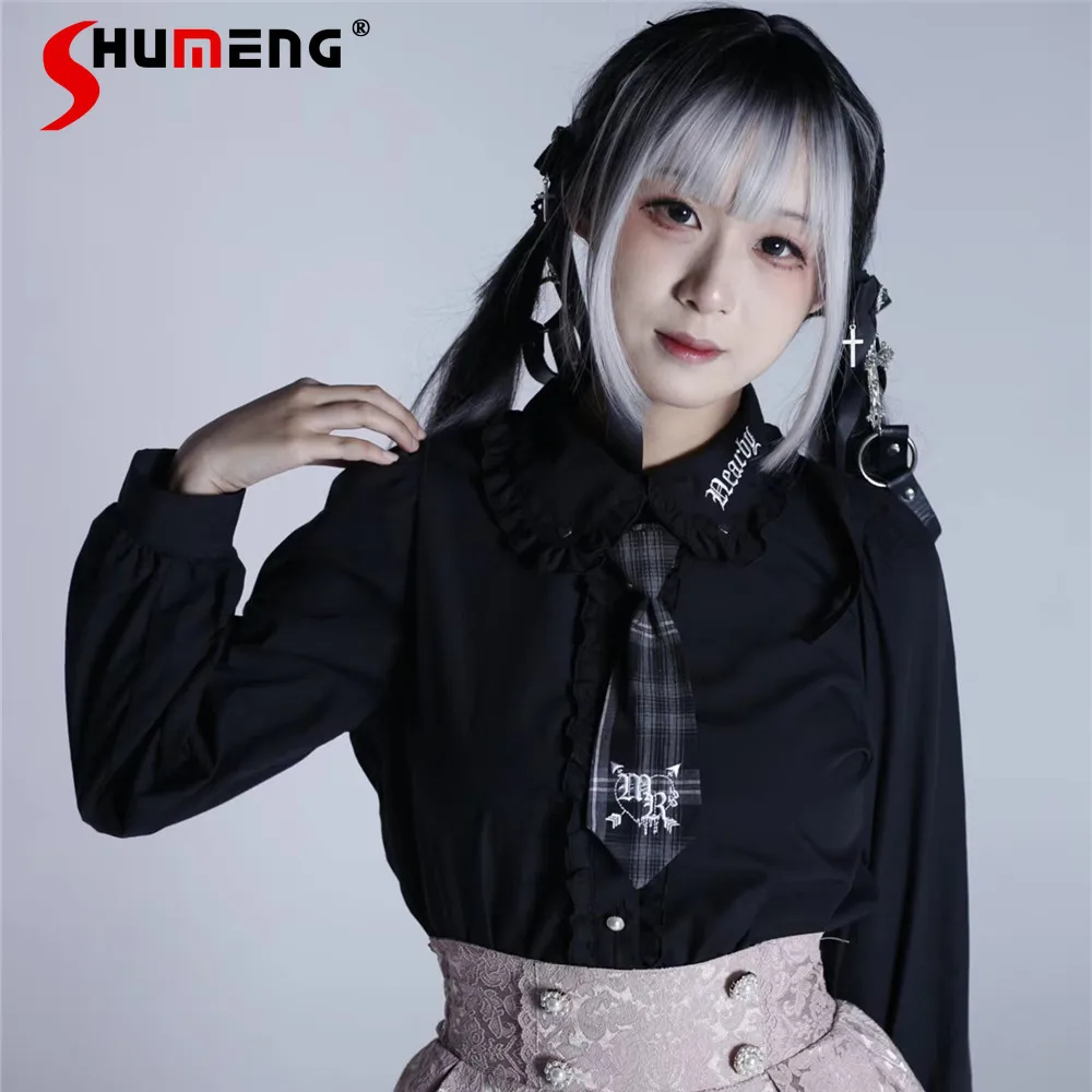 Japanese Mines Style Ruffles Embroidery Doll Collar Tie Long Sleeve Single Breasted Sweet Cute Lolita Inner Shirt Tops For Women