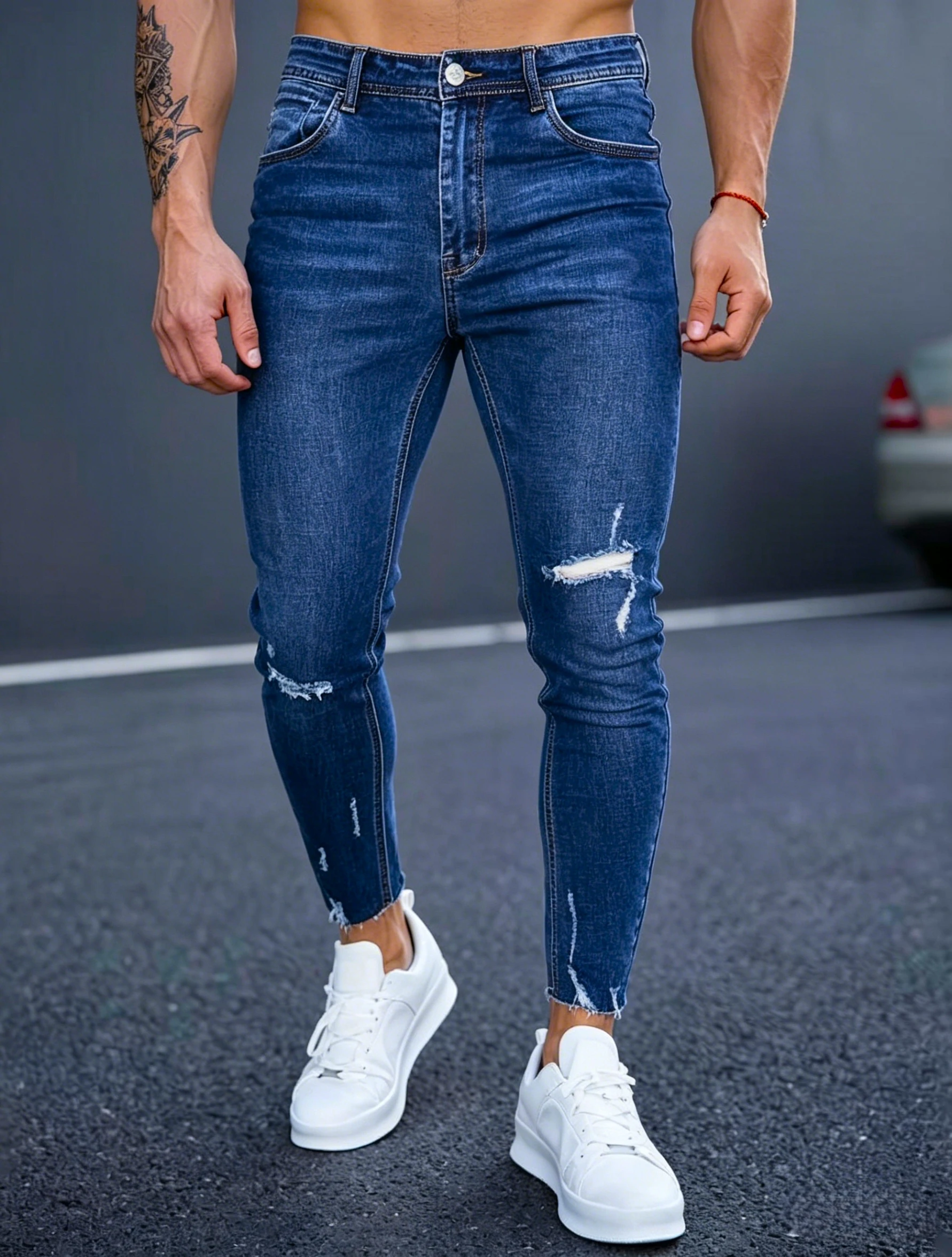 Slim Fit Jeans Men Blue Washed Whisker Ripped Details Jeans Classic Mid Waist Blue Tone All Season Pants Urban Daily Stylish Bot