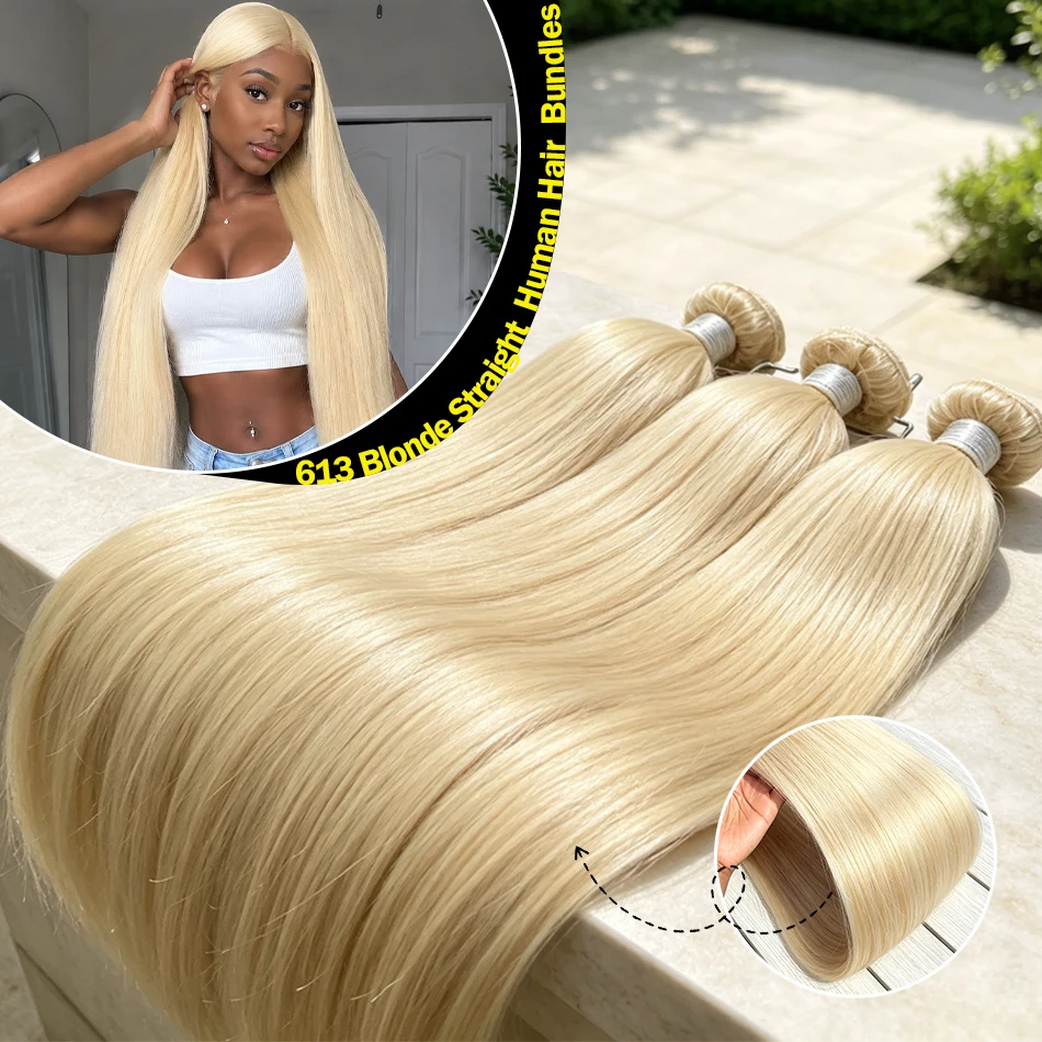 613 Blonde Brazilian Straight Bundles Human Hair Extensions Raw Virgin Weave Double Weft 1/3/4 Bundles 30 Inches for Black Women
