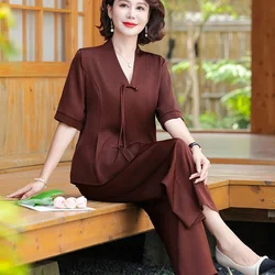 2025 New High End Middle-aged Women Pants Suit Female Chinese Style Solid V-Neck Shirt And Wide Leg Pants Sets Mother Outfit 6XL