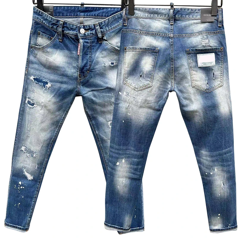 

Starbags dsq c038 four season jeans men's strong water wash hole paint dot hip hop casual fit elastic model fashion men's pants