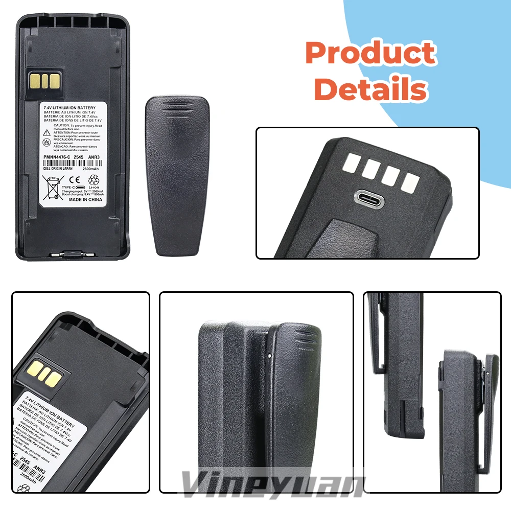 Type-C USB PMNN4476A Battery Walkie Talkies Battery for Motorola CP1200 CP1300 CP1600 EP350 CP185 Radio Battery with Belt Clip