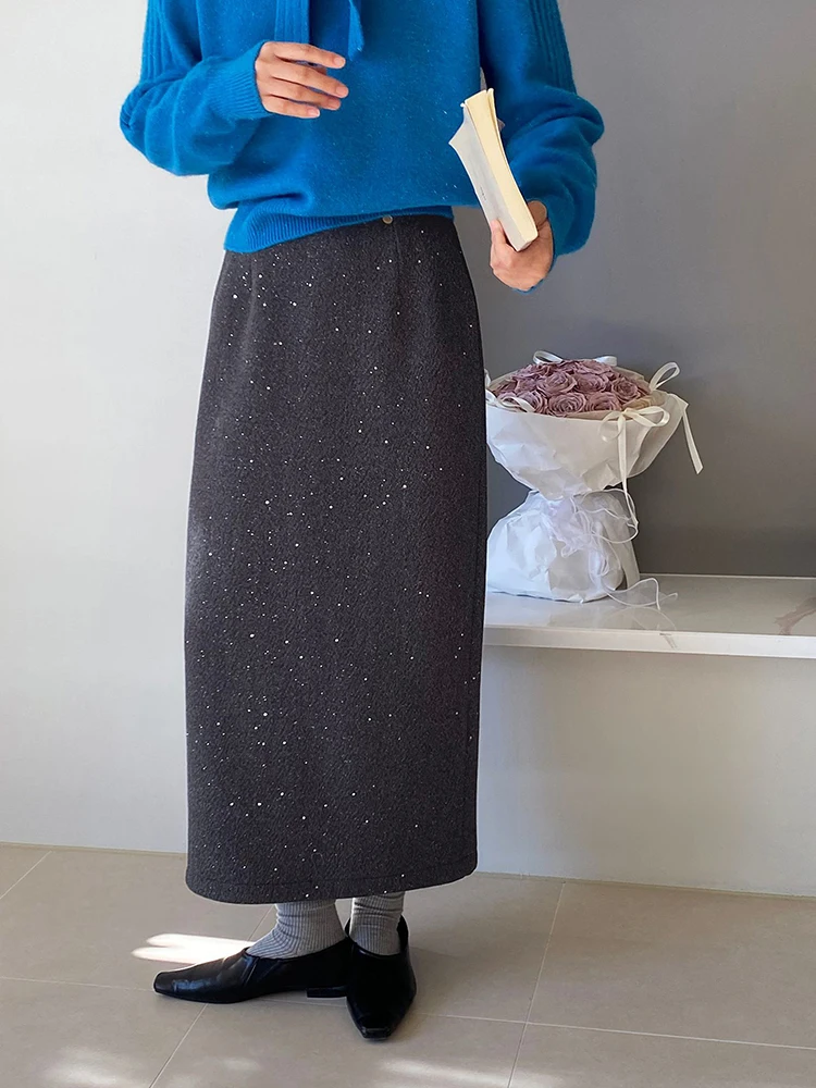 [LANMREM] Sequins Thick Warm Skirts Women's Elastic High Waist Straight Mid-length Skirt Office Lady 2024 Winter New 26C1465