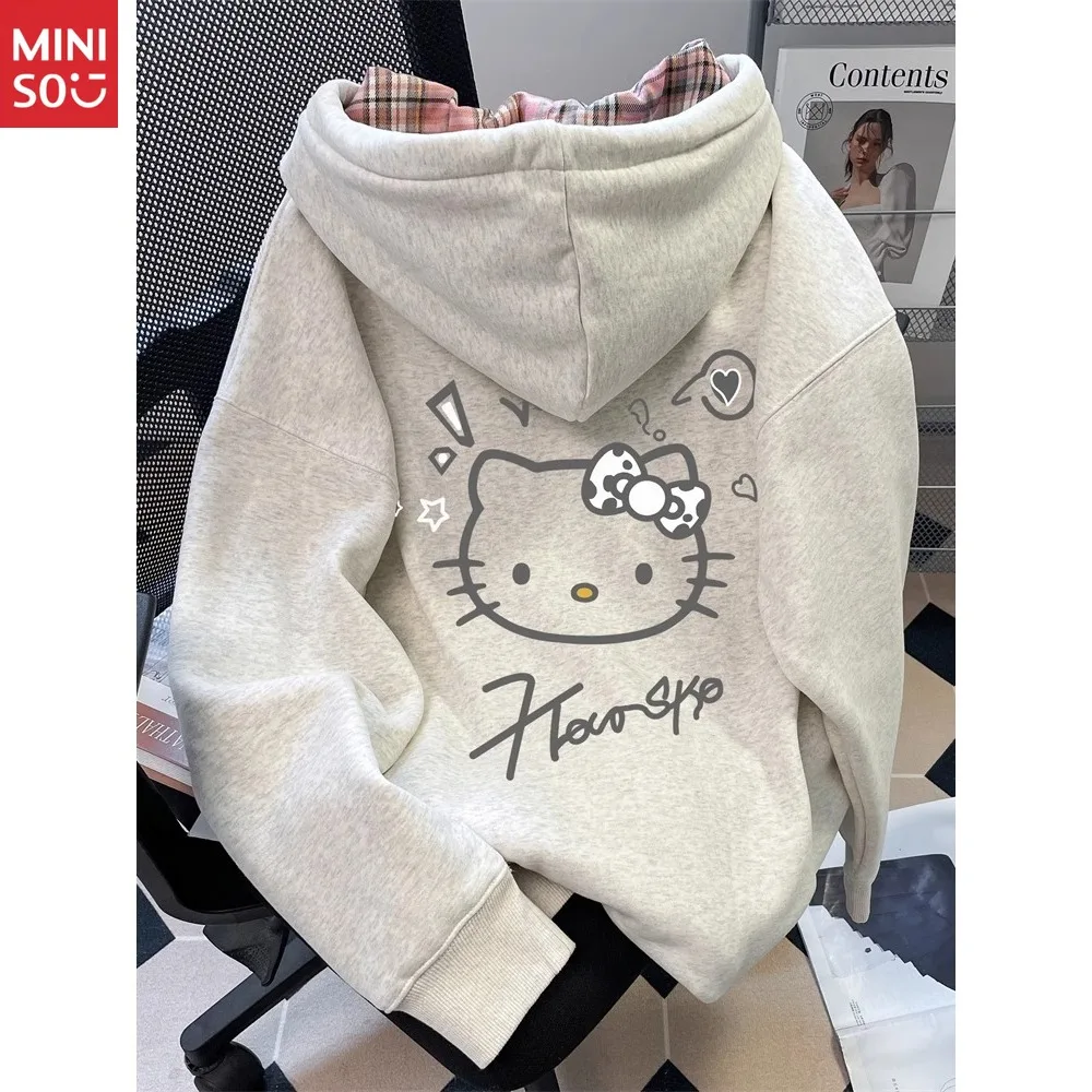 

Miniso American Lazy Versatile Hooded Sweater Women's Autumn and Winter Sweet Age Reduction College Style Velvet Cardigan Jacket