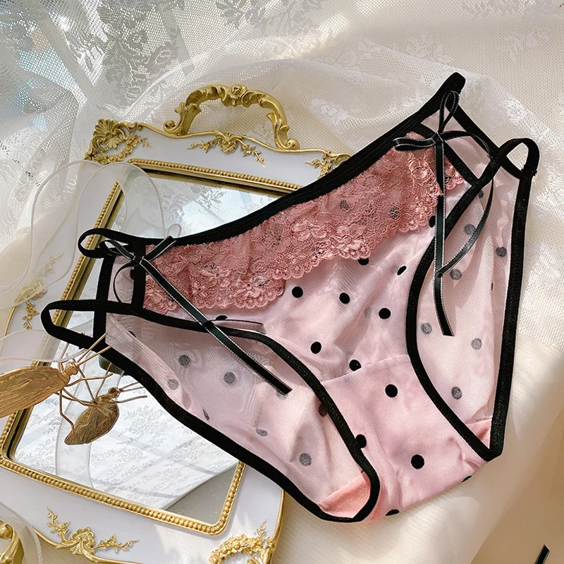 Large Size Lingerie Sexy Erotic Thin Transparent Mesh Panties Bow Kawaii Dots Cute Underwear Female Lace Briefs 5XL