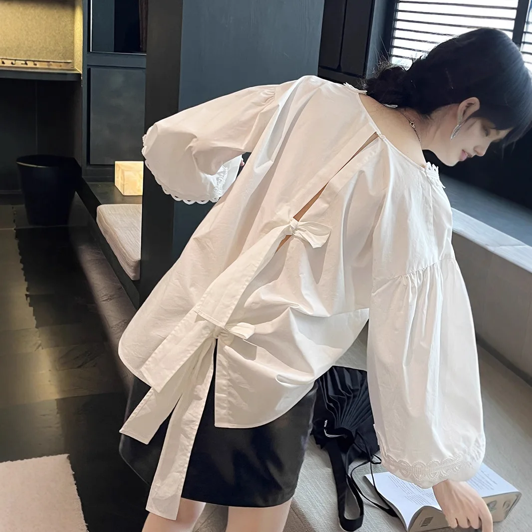 Chemise d'automne en coton à panneaux français pour femmes, col en v, dentelle découpée, manches lanternes