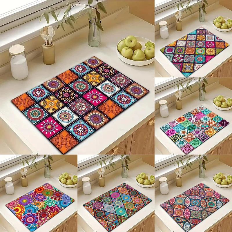 Retro Patterned Kitchen Countertop Mat Restaurant Drain Absorbent Pad Anti Mold Quick Drying Pad Non Slip Placemat Home Decor