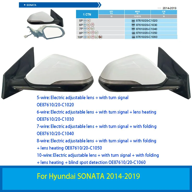 

For Hyundai SONATA 2014-2019 Auto parts Electric With turn signal rearview mirror 5-10-wire assembly OE87610-C1020 87620-C1020