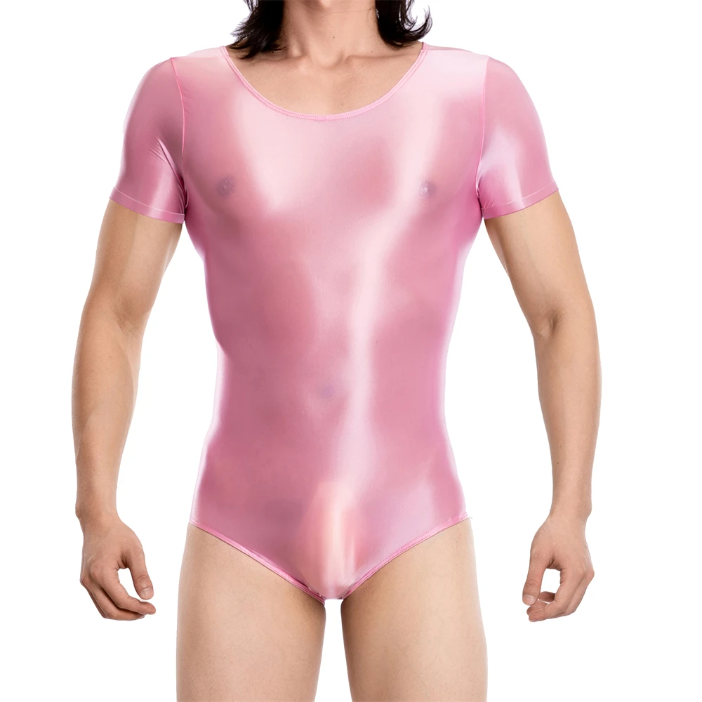 

Men's Oil Glossy Bodysuit O-neck Short Sleeve Leotard Gym Bodybuilding Yoga One-piece Rompers Stretchy Tight Swimwear Jumpsuit