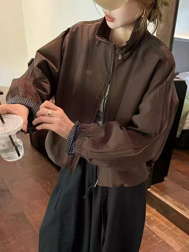 Zoki Harajuku Y2K سترة البيسبول المرأة فضفاضة خمر منقوشة المرقعة معطف قصير الشارع الشهير كم طويل خمر الأمريكية Bf القمم