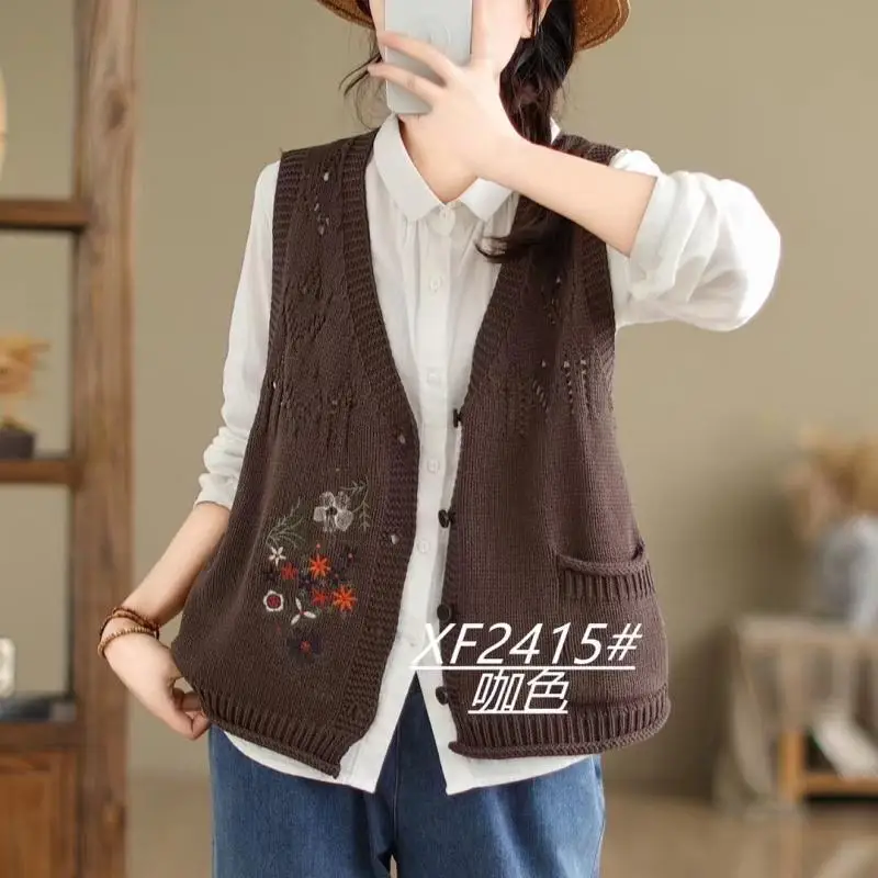 Spring New Artistic Embroidery Knitted Shirt Top Women\'s Short Cotton Thread Vest Loose V-neck Jacket Coat