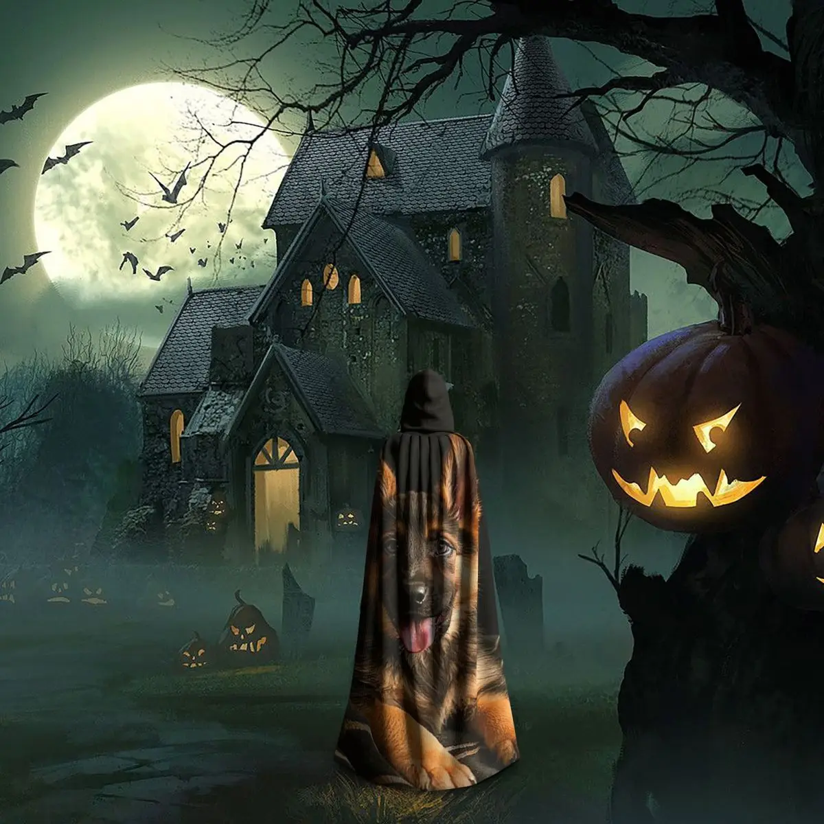 Adorabile pastore tedesco ritratto lungo mantello con cappuccio strega costume medievale mantello cosplay festa di Halloween adulto unisex